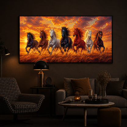 7 Running Horses With Sunset Modern Luxury Backlight Horizontal Wall Art