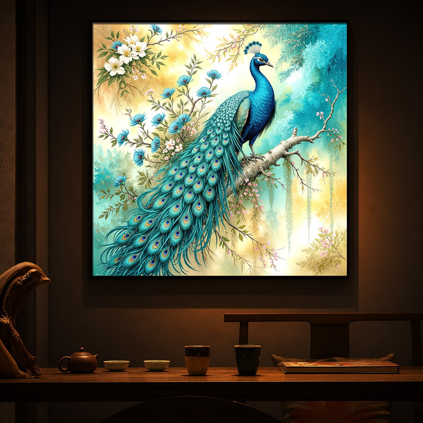 Peacock Perch Art Modern Luxury Backlight Square Wall Art