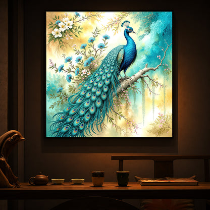 Peacock Perch Art Modern Luxury Backlight Square Wall Art