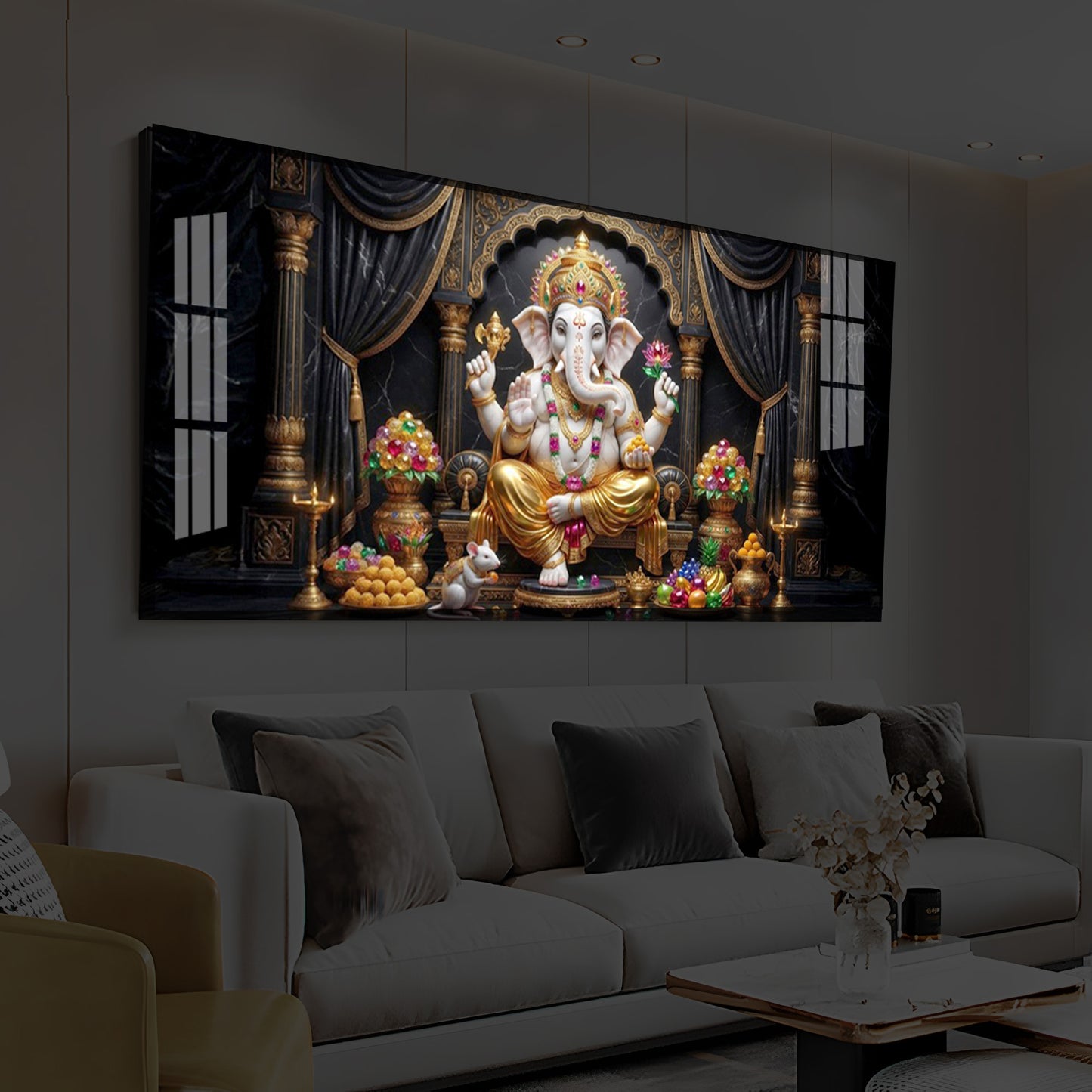 Hindu Deity Lord Ganesha Modern Luxury Backlight Horizontal Wall Art