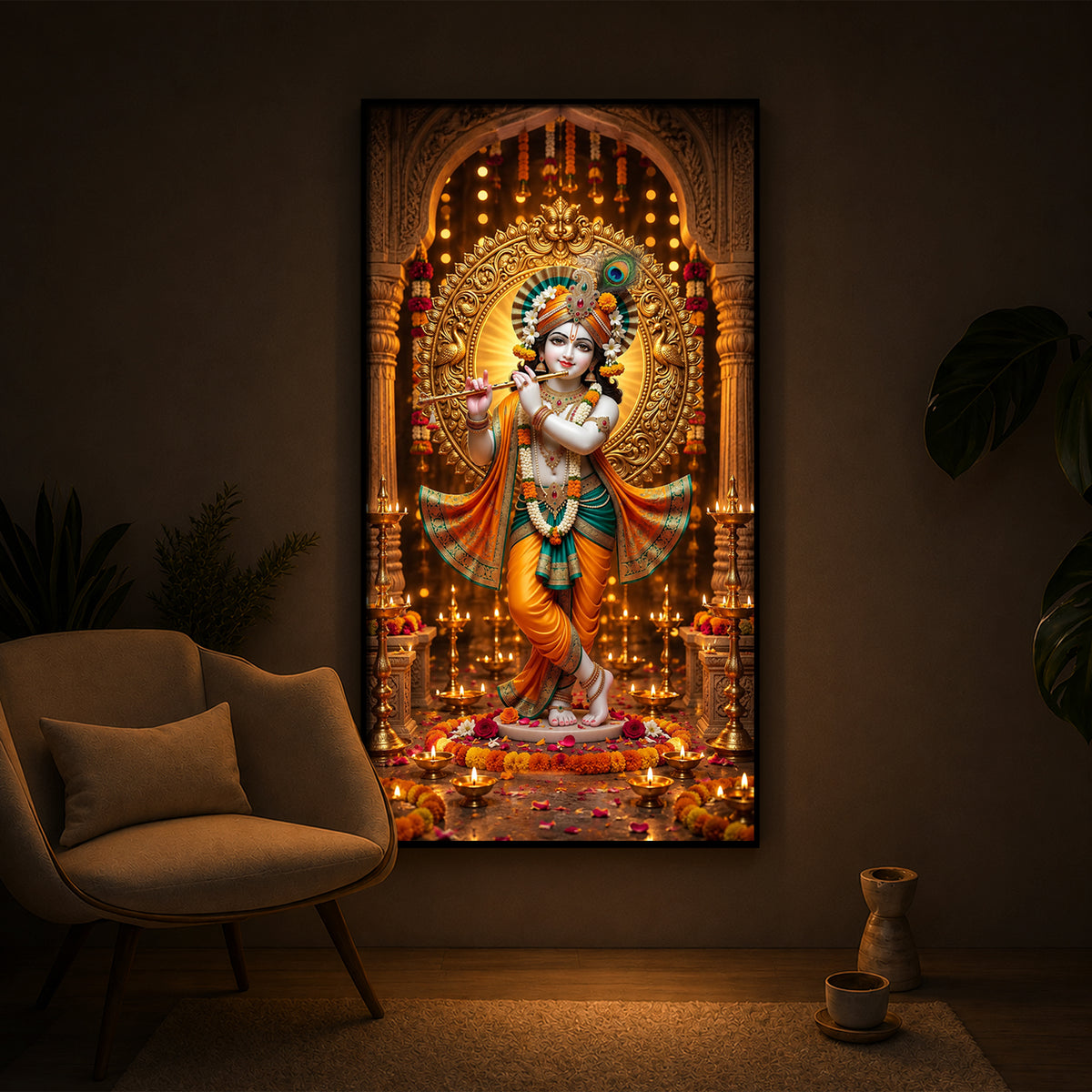 Lord Krishna Playing Flute In Standing Pose Modern Luxury Backlight Vertical Wall Art
