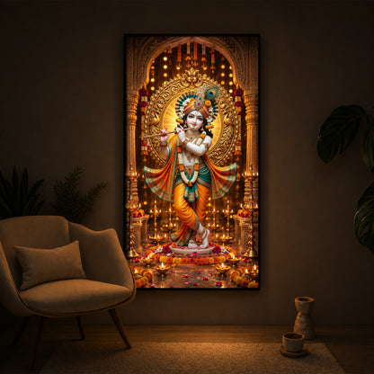 Lord Krishna Playing Flute In Standing Pose Modern Luxury Backlight Vertical Wall Art