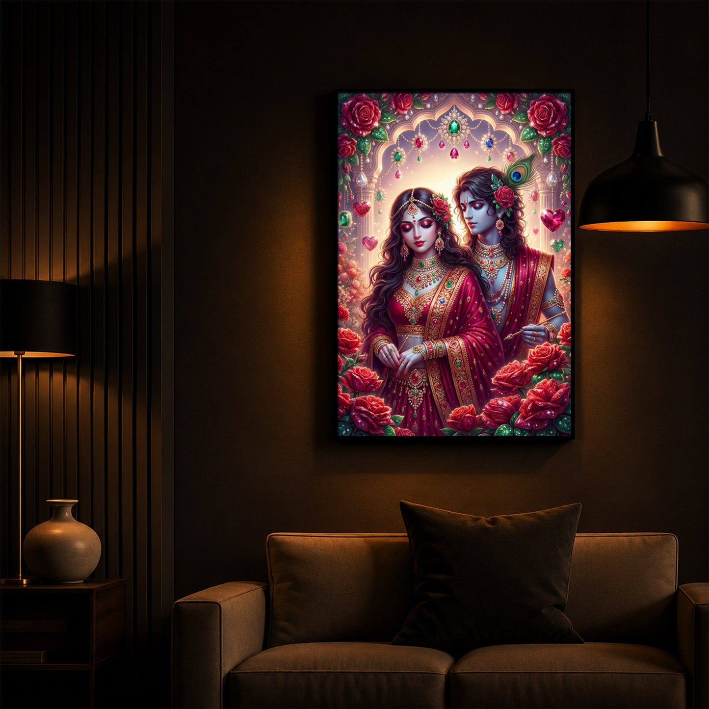 Radha Krishna Surrounded By Red Roses Modern Luxury Backlight Vertical Wall Art