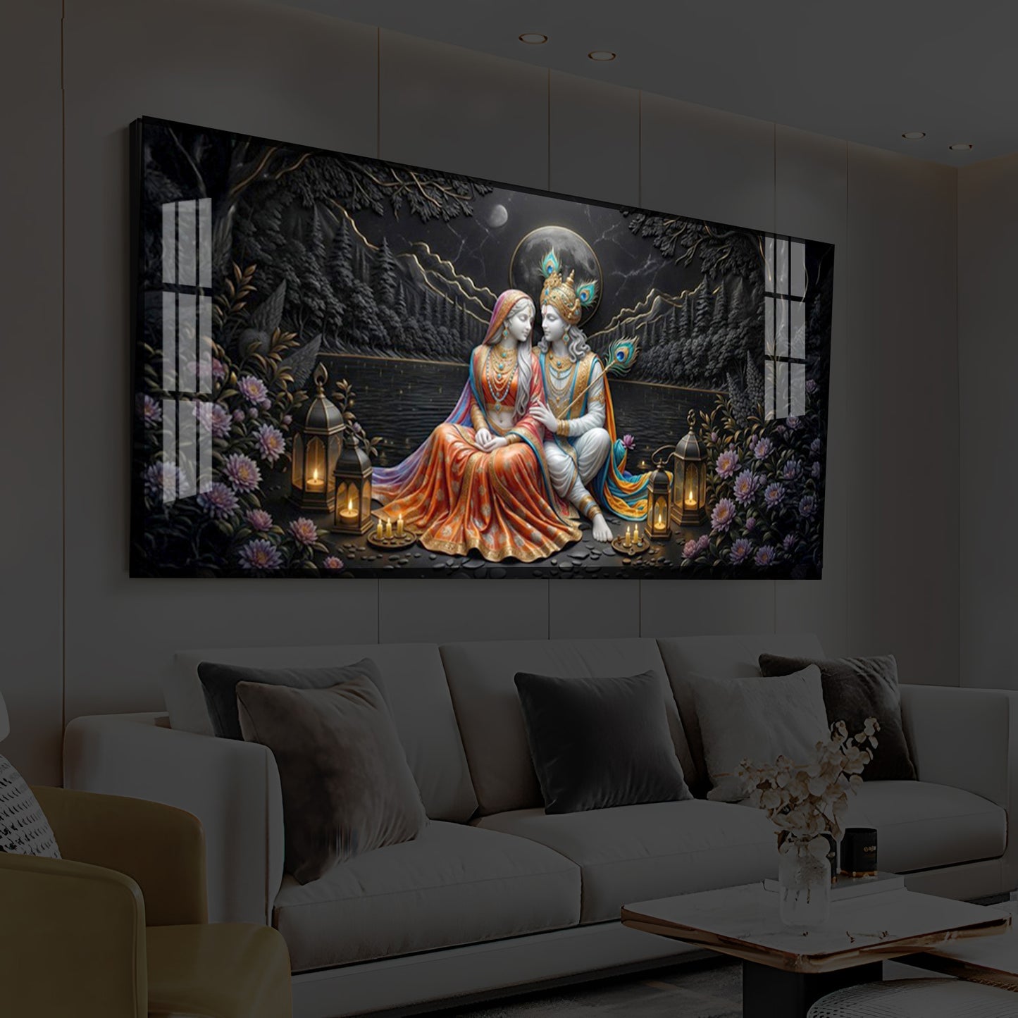 Hindu Deity Radha Krishna Modern Luxury Backlight Horizontal Wall Art