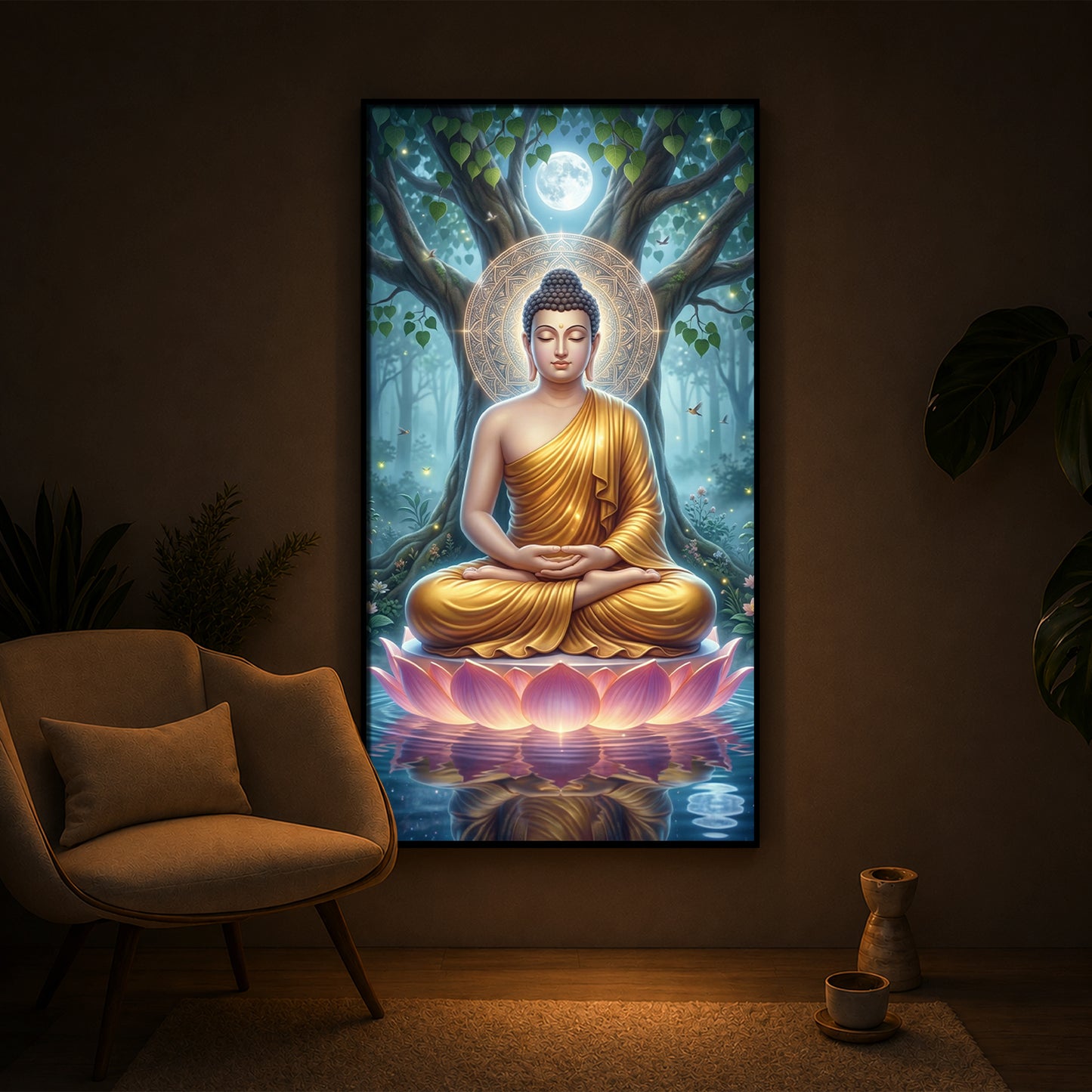 Meditation Buddha Modern Luxury Backlight Vertical Wall Art