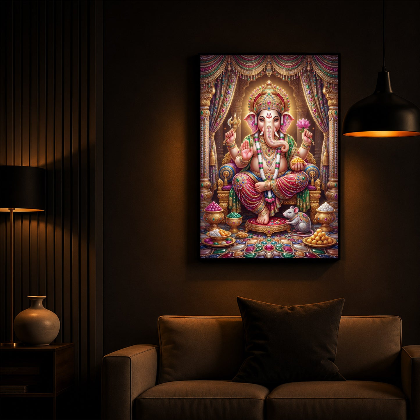 Shree Ganesh Darbar Modern Luxury Backlight Vertical Wall Art