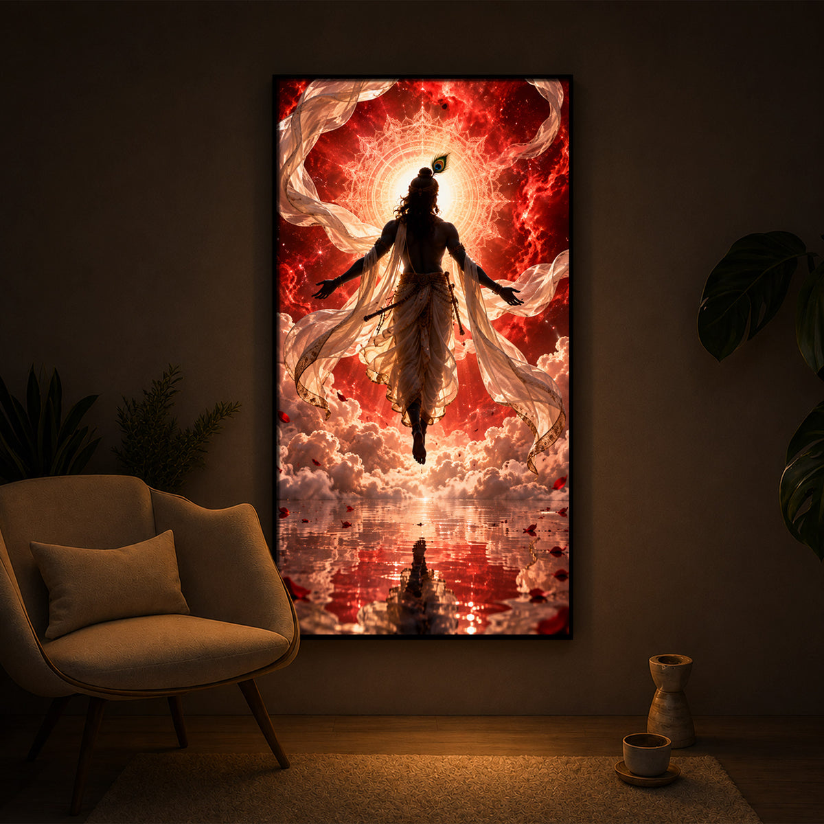 Shri Krishna Cosmic Aura Modern Luxury Backlight Vertical Wall Art