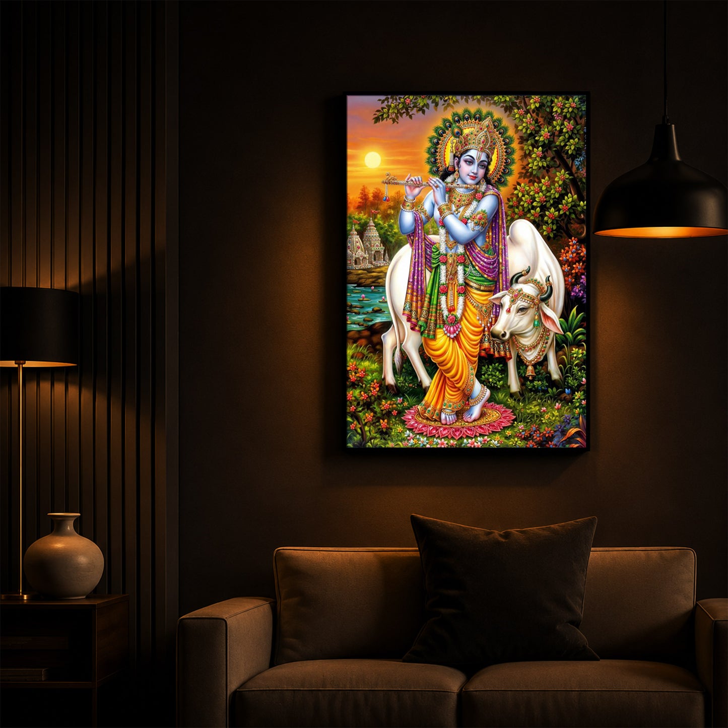 Lord Krishna Playing The Flute Modern Luxury Backlight Vertical Wall Art