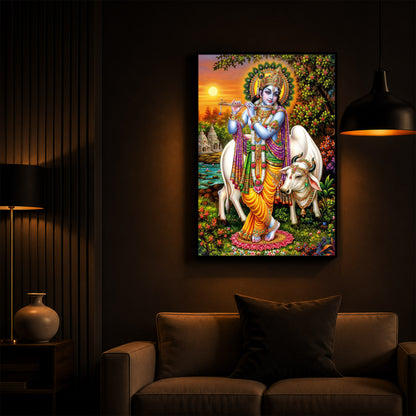 Lord Krishna Playing The Flute Modern Luxury Backlight Vertical Wall Art