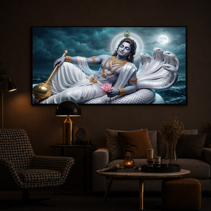 Lord Vishnu With Sheshnag Modern Luxury Backlight Horizontal Wall Art