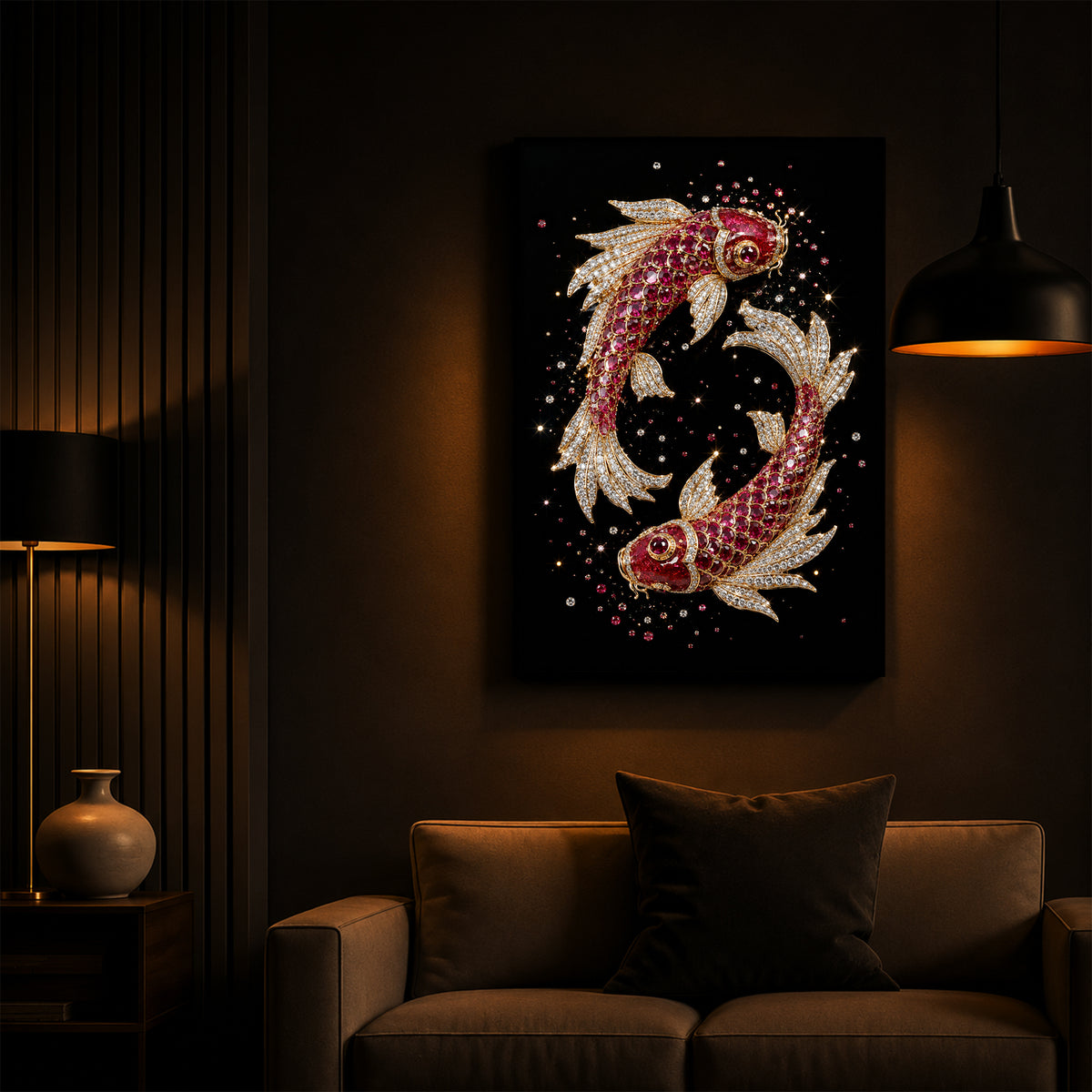 Koi Fish In Ruby Diamond Modern Luxury Backlight Vertical Wall Art
