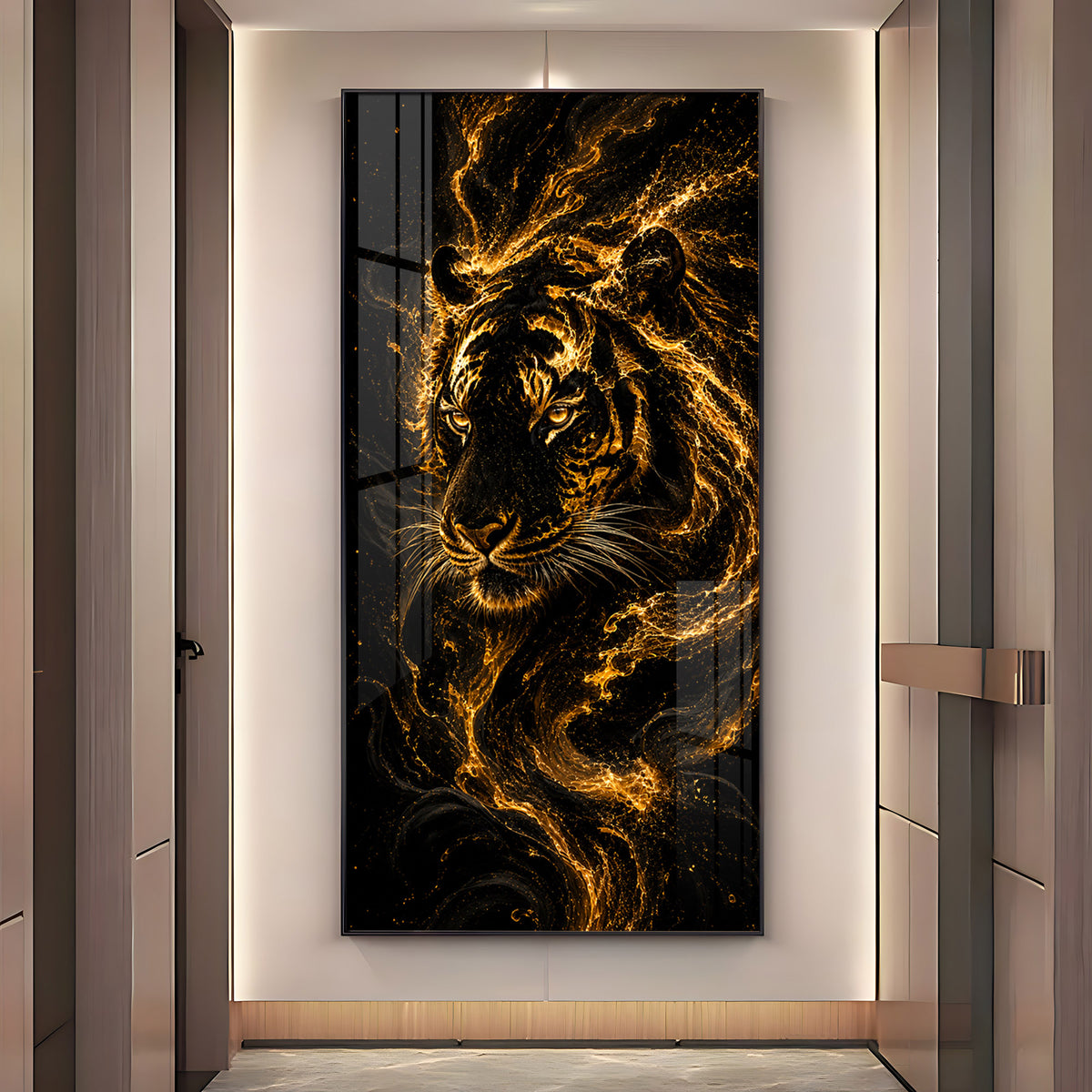 Majestic Golden Fire Tiger Premium Acrylic Vertical Wall Art