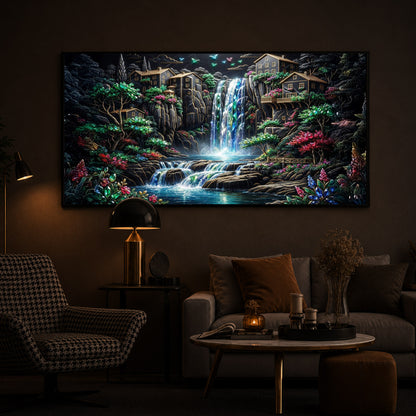Lush Mountain Waterfall Modern Luxury Backlight Horizontal Wall Art