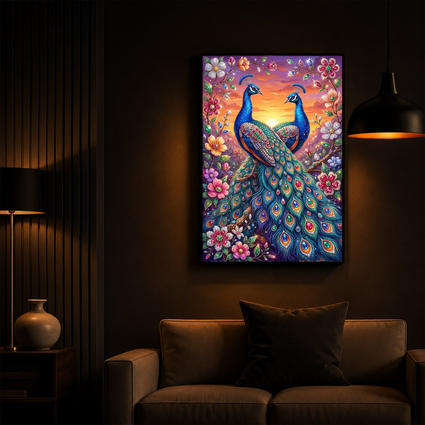Majestic Pair Of Peacocks Modern Luxury Backlight Vertical Wall Art