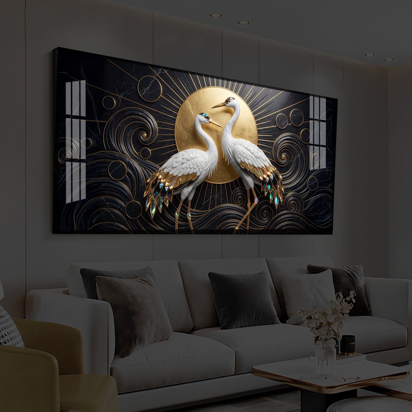 White Crane Modern Luxury Backlight Horizontal Wall Art