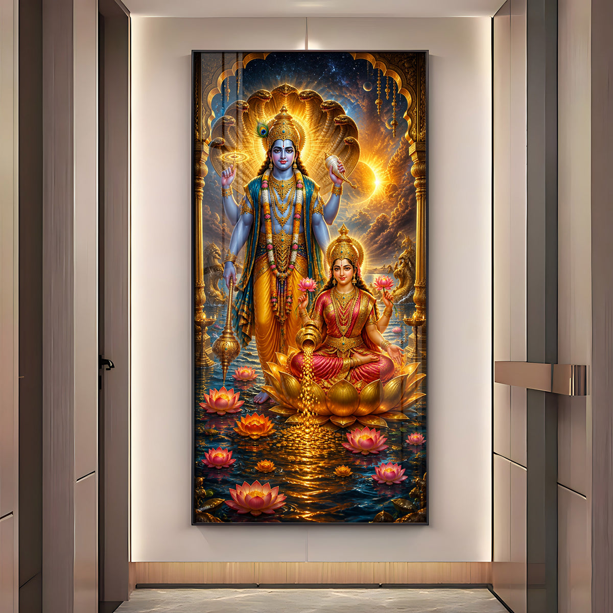 Sacred Lord Vishnu & Goddess Lakshmi Cosmic Premium Acrylic Vertical Wall Art