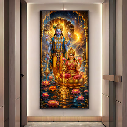 Sacred Lord Vishnu & Goddess Lakshmi Cosmic Premium Acrylic Vertical Wall Art