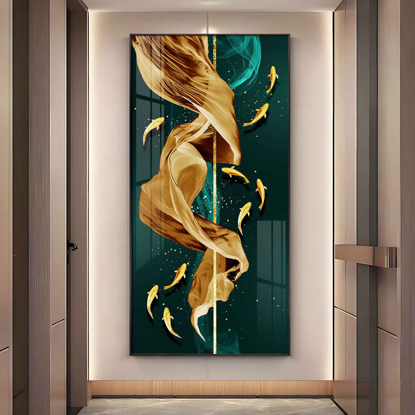 Fish & Flowing Gold Layer Premium Acrylic Vertical Wall Art