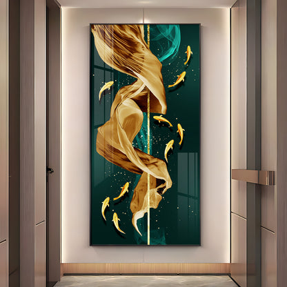 Fish & Flowing Gold Layer Premium Acrylic Vertical Wall Art