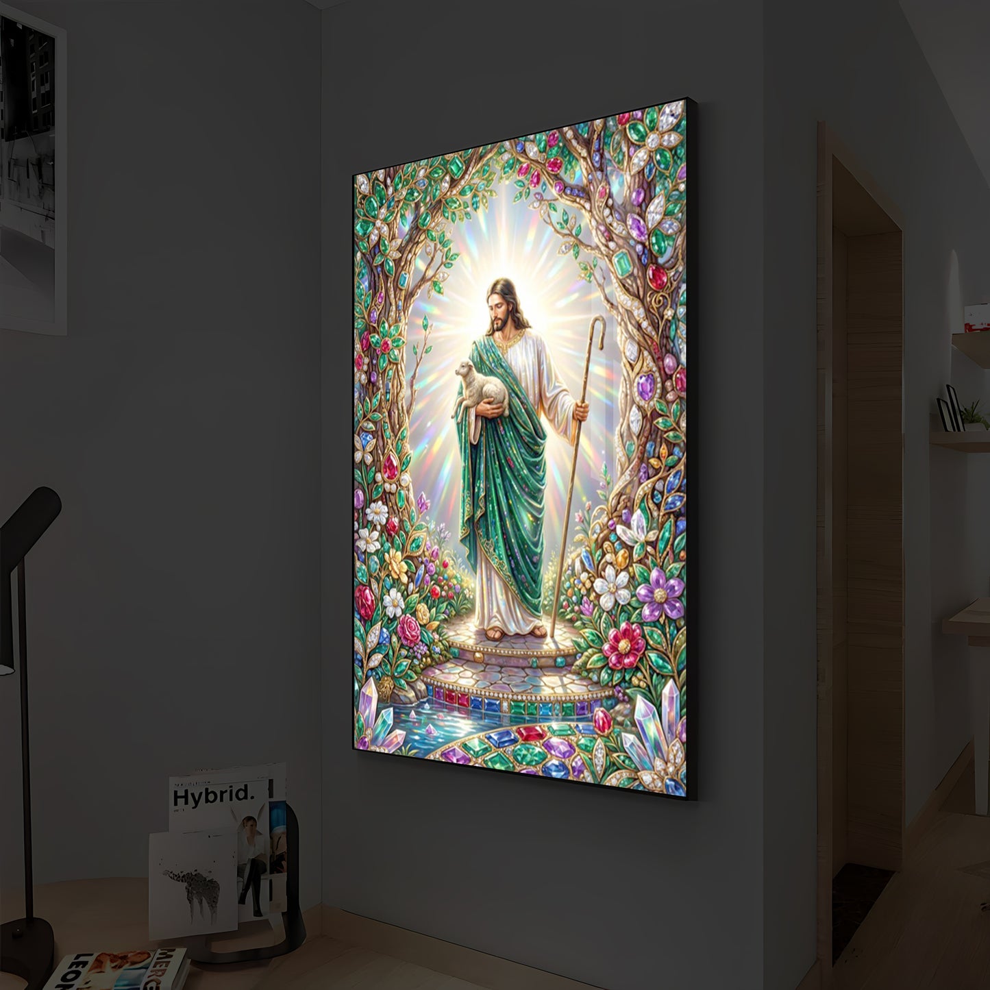 Divine Good Shepherd Jesus Modern Luxury Backlight Vertical Wall Art