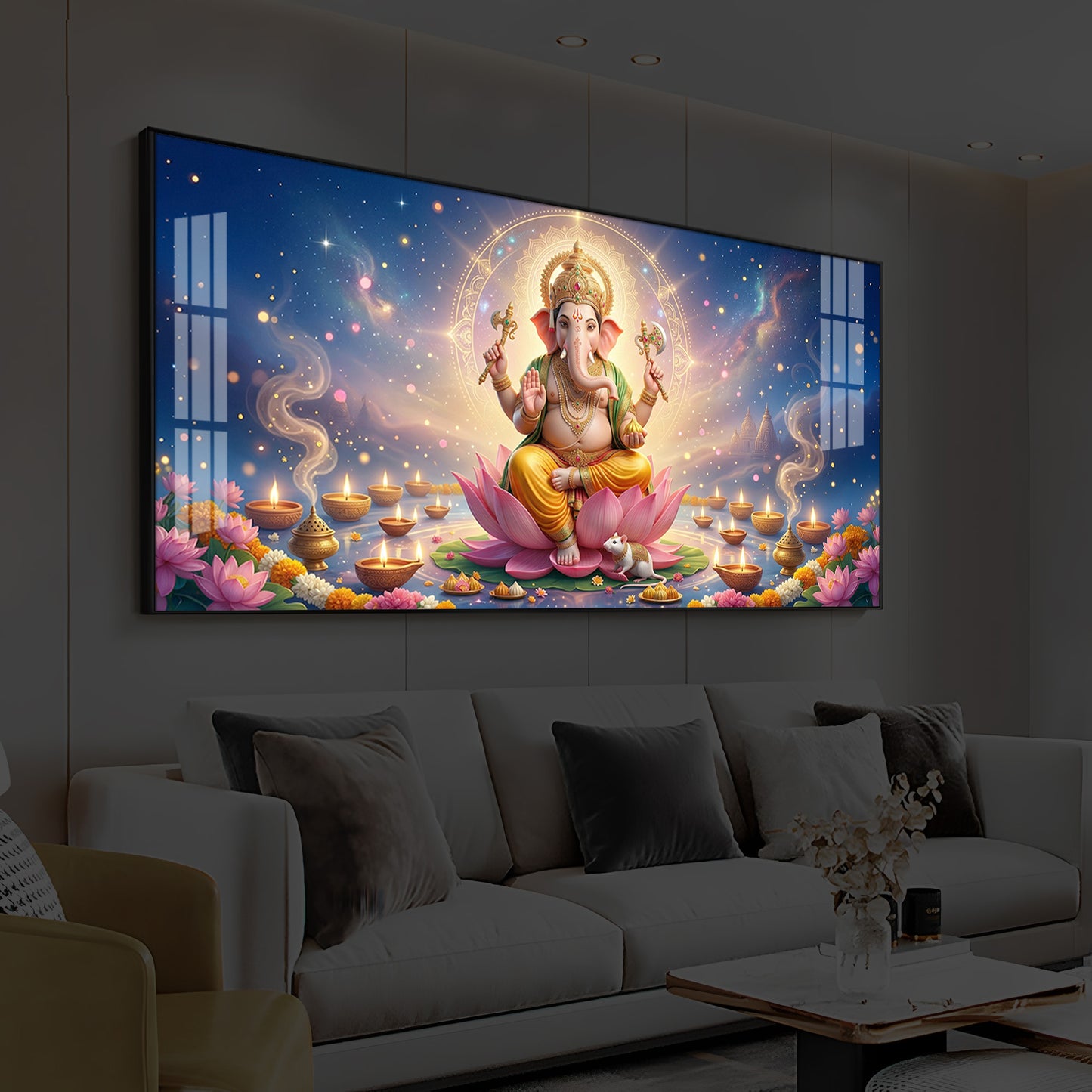 Shree Ganesh Ji Modern Luxury Backlight Horizontal Wall Art