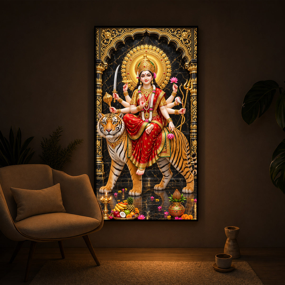 Goddess Ashtabhuja Durga Modern Luxury Backlight Vertical Wall Art