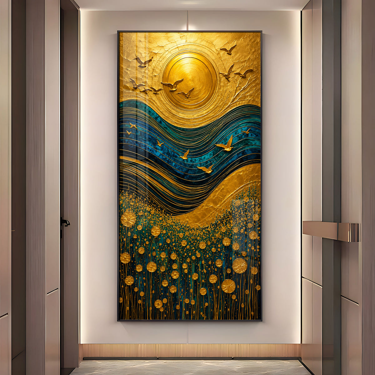 Majestic Golden Sun & Flying Birds Landscape Premium Acrylic Vertical Wall Art