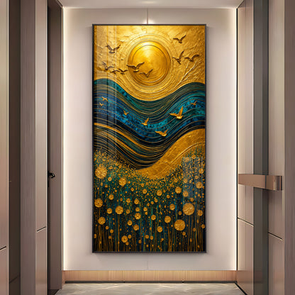Majestic Golden Sun & Flying Birds Landscape Premium Acrylic Vertical Wall Art