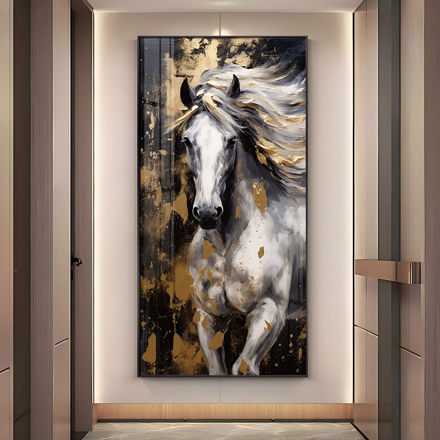 White Horse with Golden Gleam Premium Acrylic Vertical Wall Art