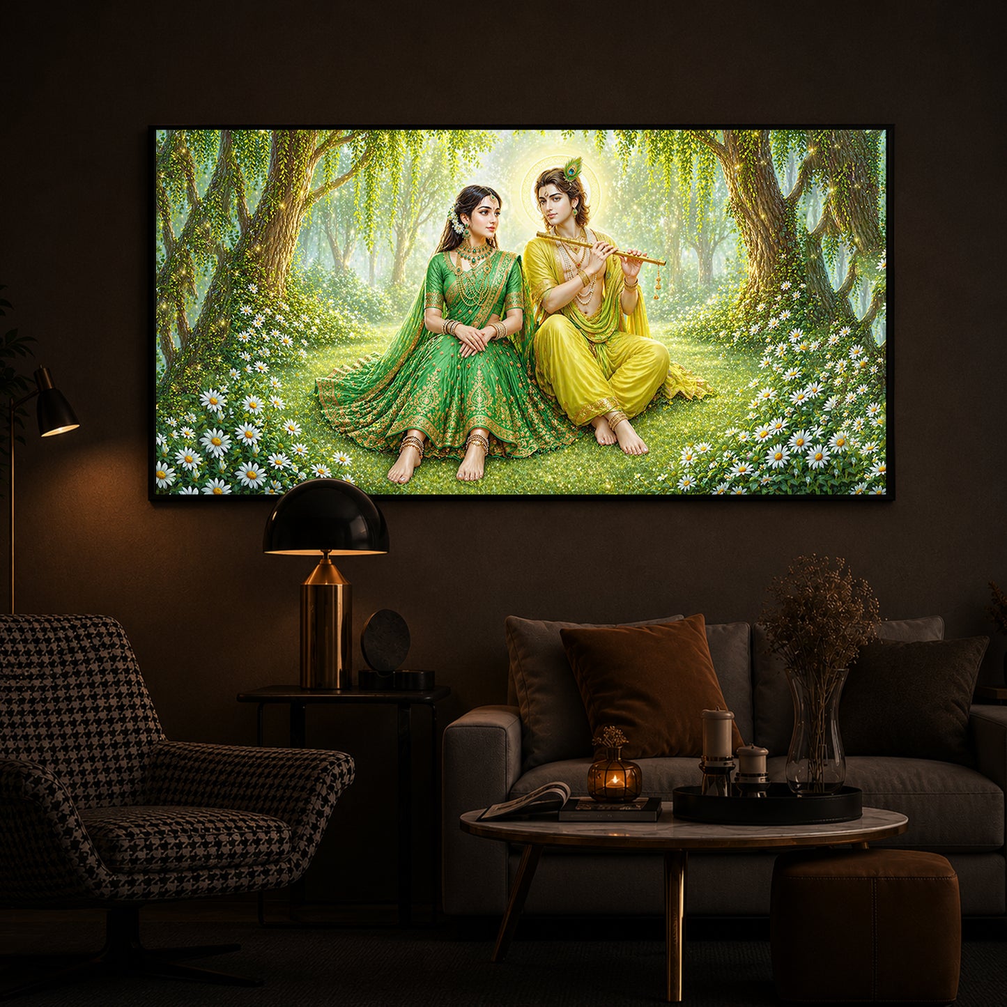 Divine Love Radhe Krishna Modern Luxury Backlight Horizontal Wall Art