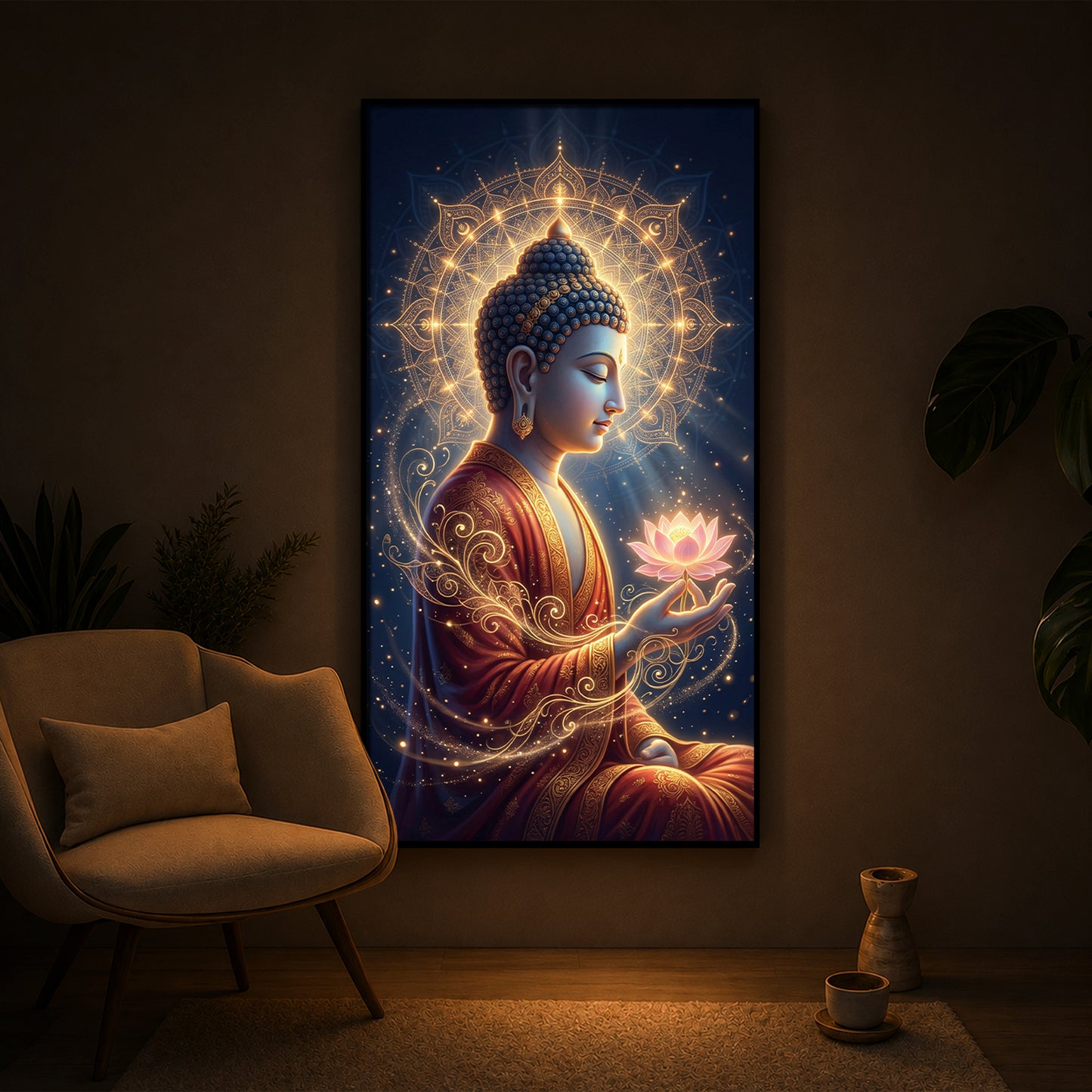 Depiction Of Buddha Modern Luxury Backlight Vertical Wall Art