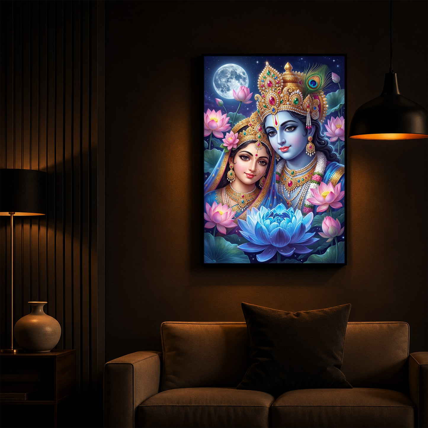 Radha Krishna Divine Togetherness Modern Luxury Backlight Vertical Wall Art