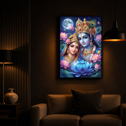 Radha Krishna Divine Togetherness Modern Luxury Backlight Vertical Wall Art