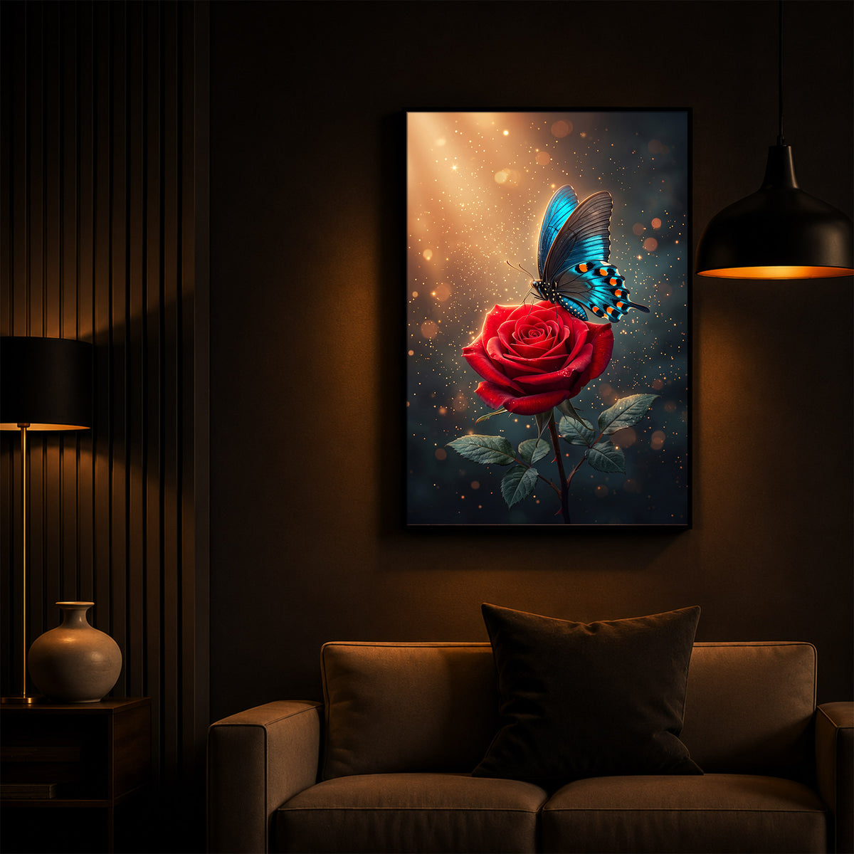 Enchanted Red Rose & Blue Butterfly Modern Luxury Backlight Vertical Wall Art