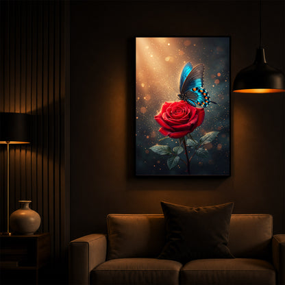 Enchanted Red Rose & Blue Butterfly Modern Luxury Backlight Vertical Wall Art