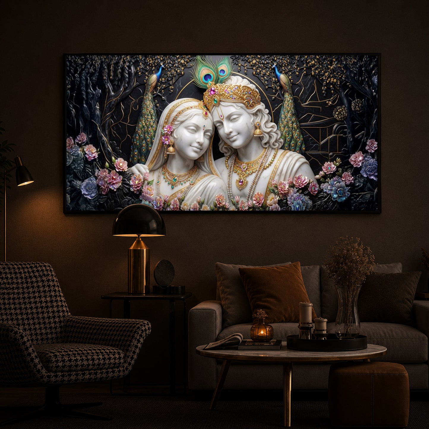 Beautiful Radha Krishna Modern Luxury Backlight Horizontal Wall Art