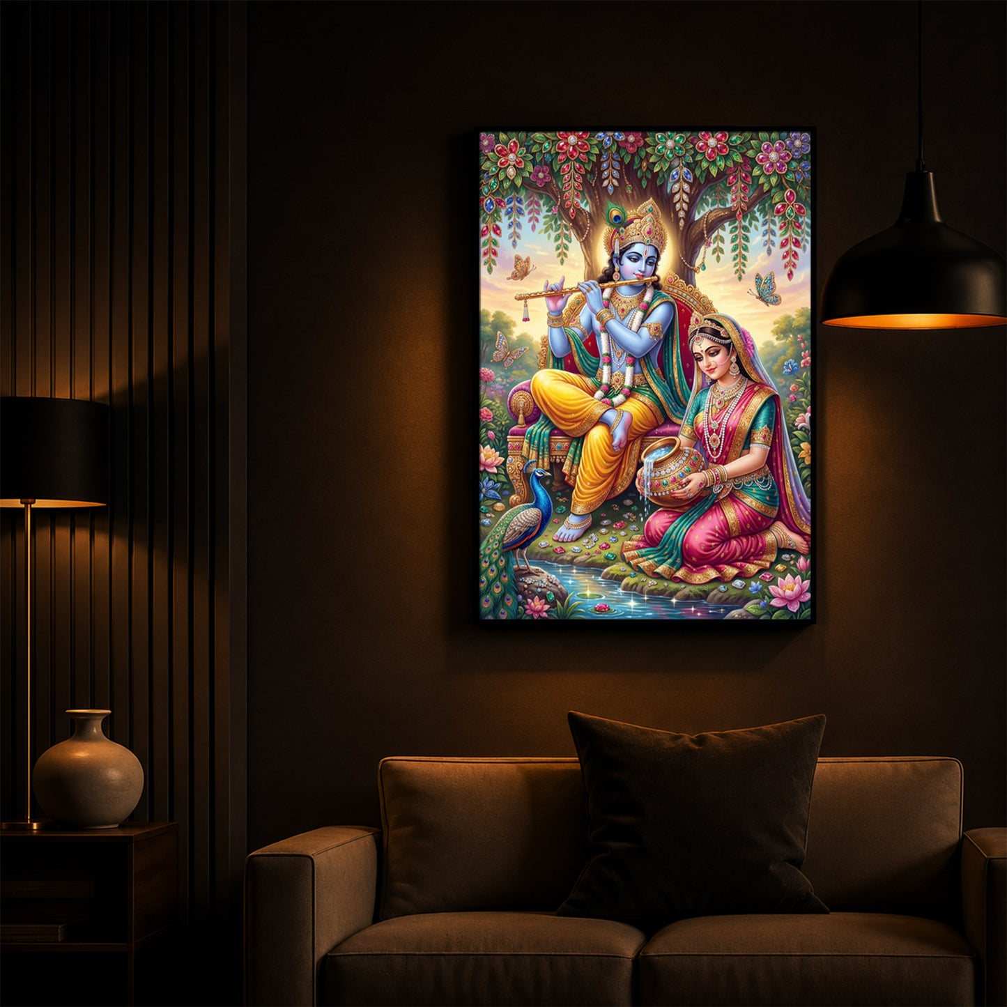 Krishna’s Flute with Radha’s Devotion Modern Luxury Backlight Vertical Wall Art