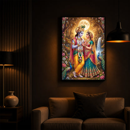 Radha Krishna in Vrindavan Garden Modern Luxury Backlight Vertical Wall Art