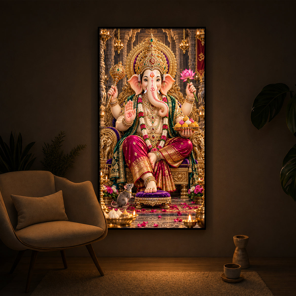 Ganapati Bappa Golden Throne Modern Luxury Backlight Vertical Wall Art