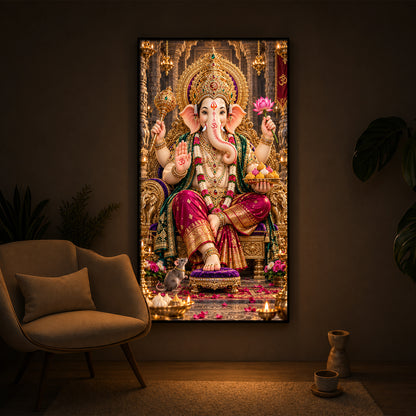 Ganapati Bappa Golden Throne Modern Luxury Backlight Vertical Wall Art