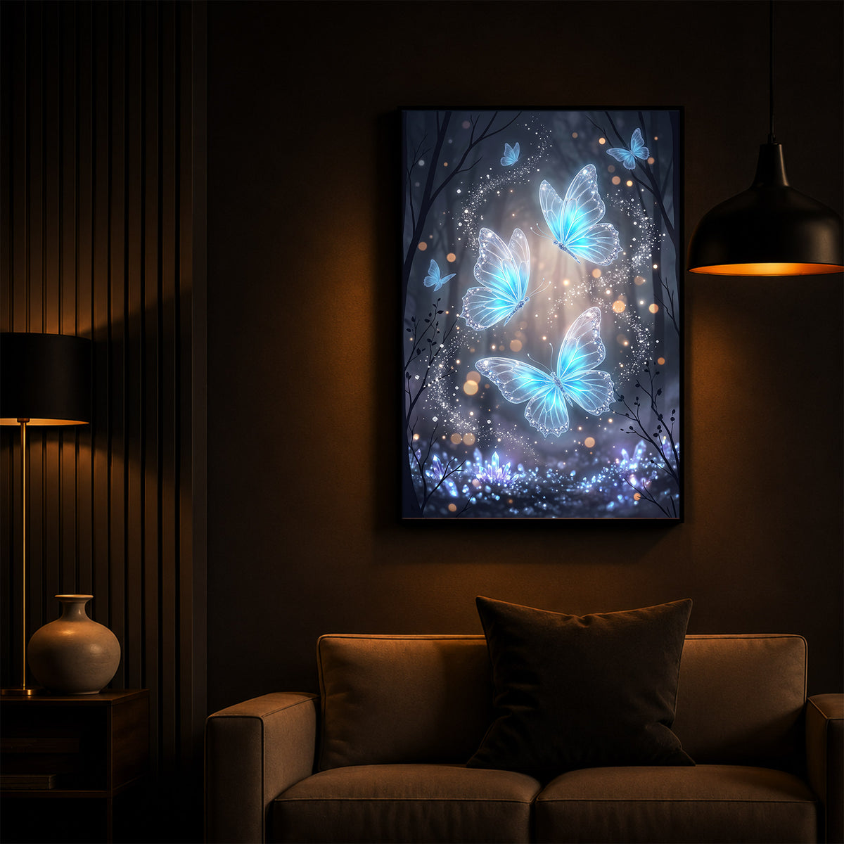Luminous Crystal Blue Butterflies Modern Luxury Backlight Vertical Wall Art