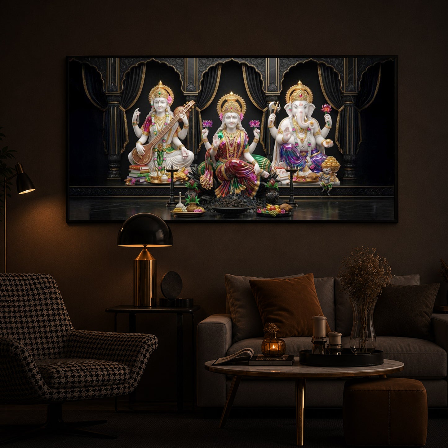 Saraswati,Lakshmi, & Lord Ganesha Modern Luxury Backlight Horizontal Wall Art