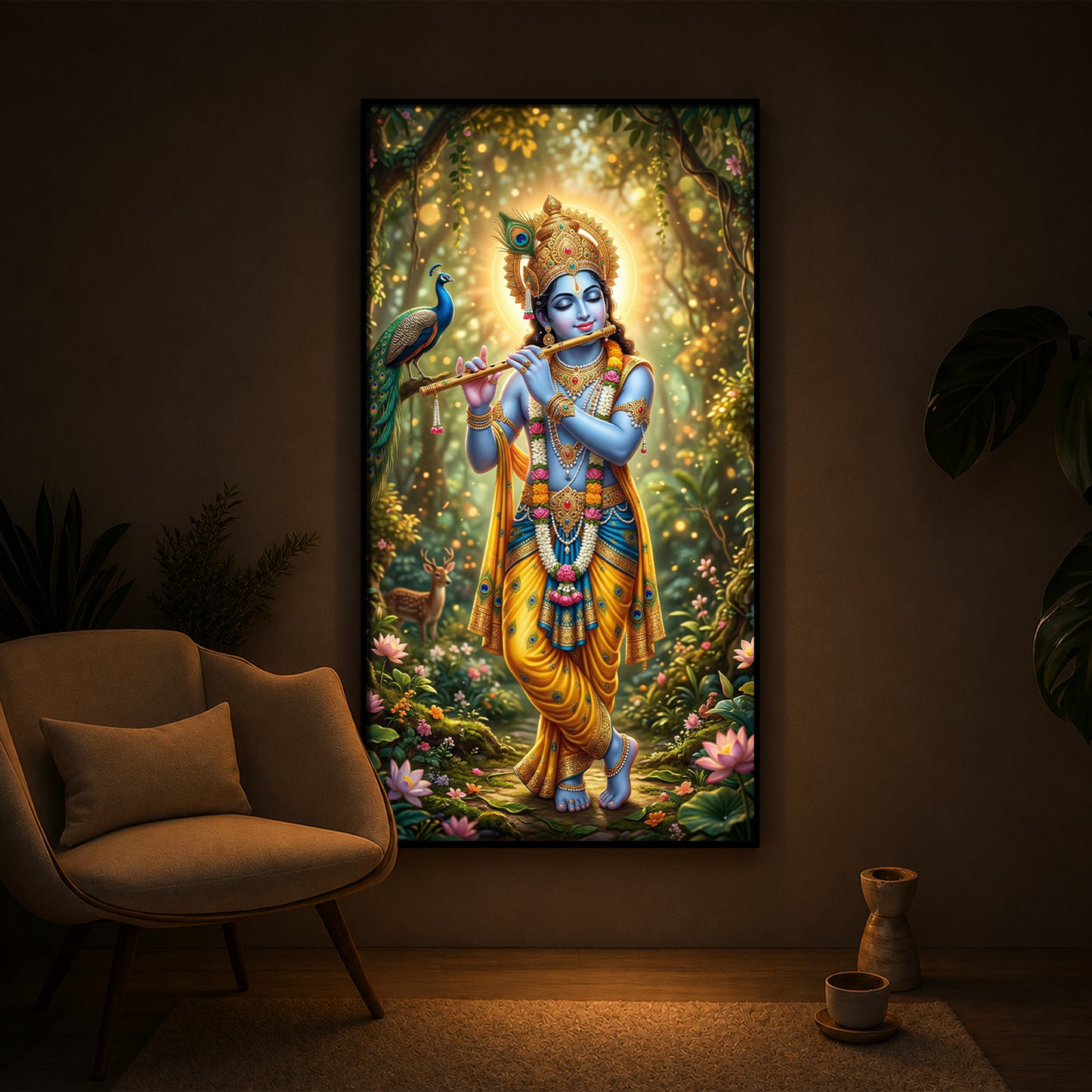 Loving Krishna Modern Luxury Backlight Vertical Wall Art