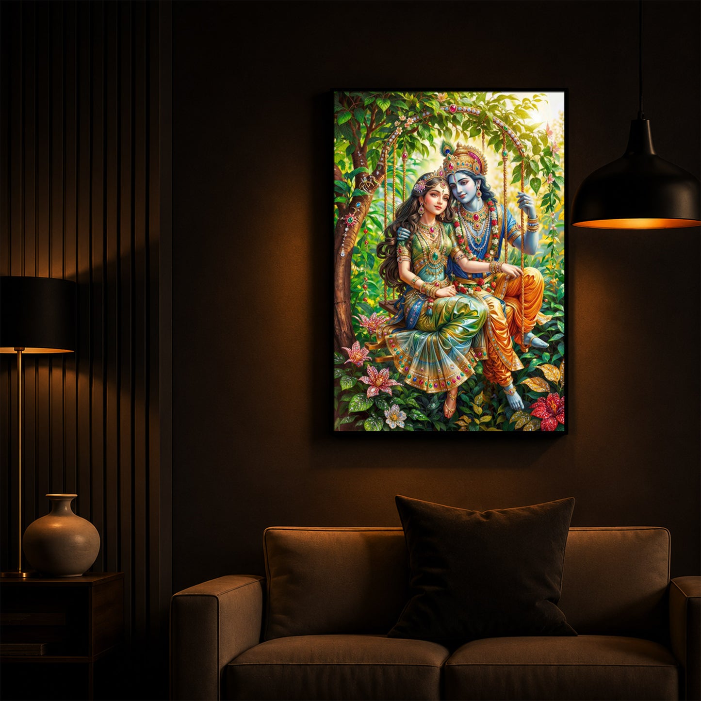 Radha Krishna Modern Luxury Backlight Vertical Wall Art