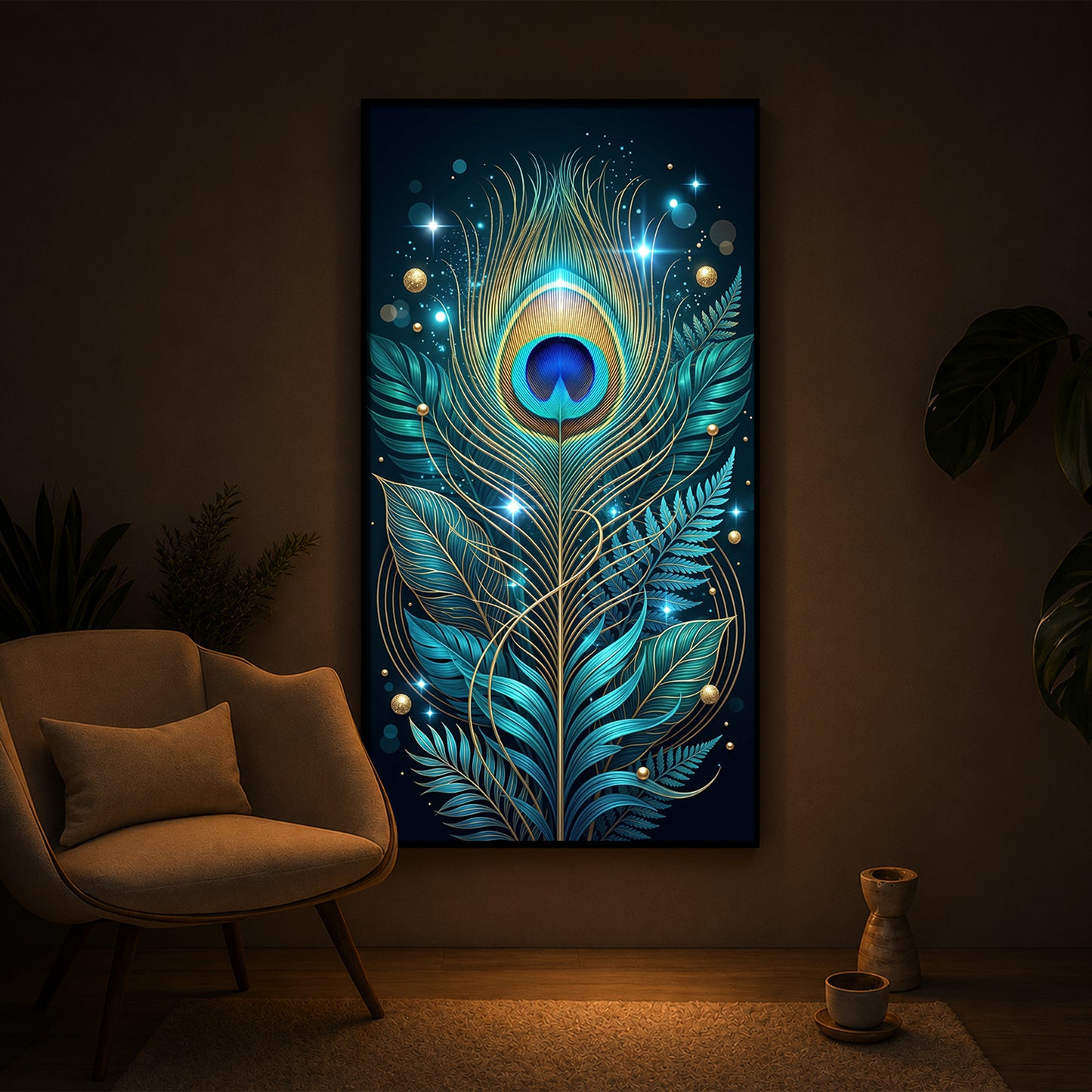 Radiant Peacock Feather Modern Luxury Backlight Vertical Wall Art
