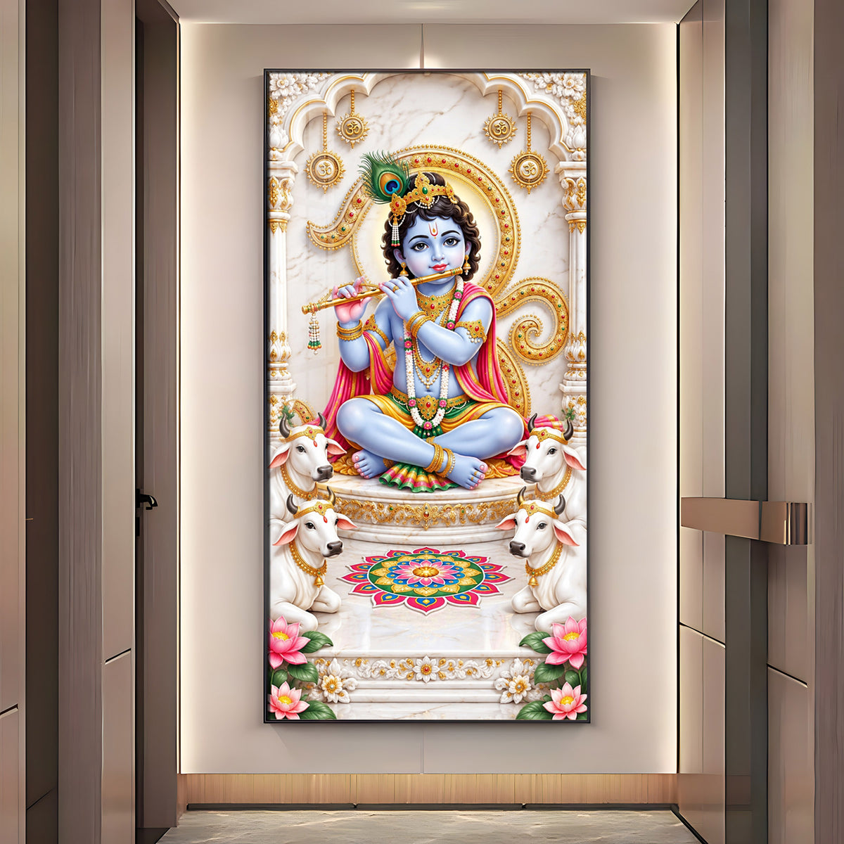 Krishna With White Cows Premium Acrylic Vertical Wall Art