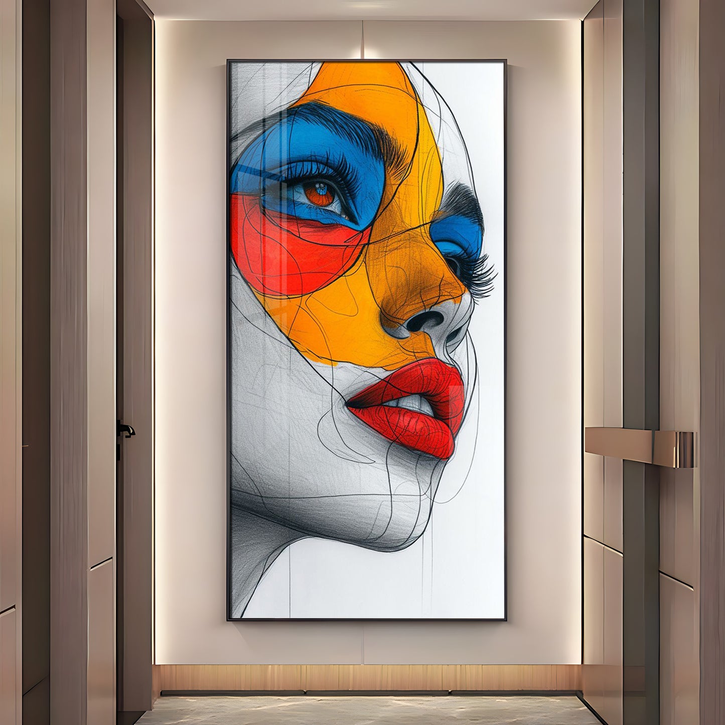 Vibrant Geometric Mask Girl Premium Acrylic Vertical Wall Art
