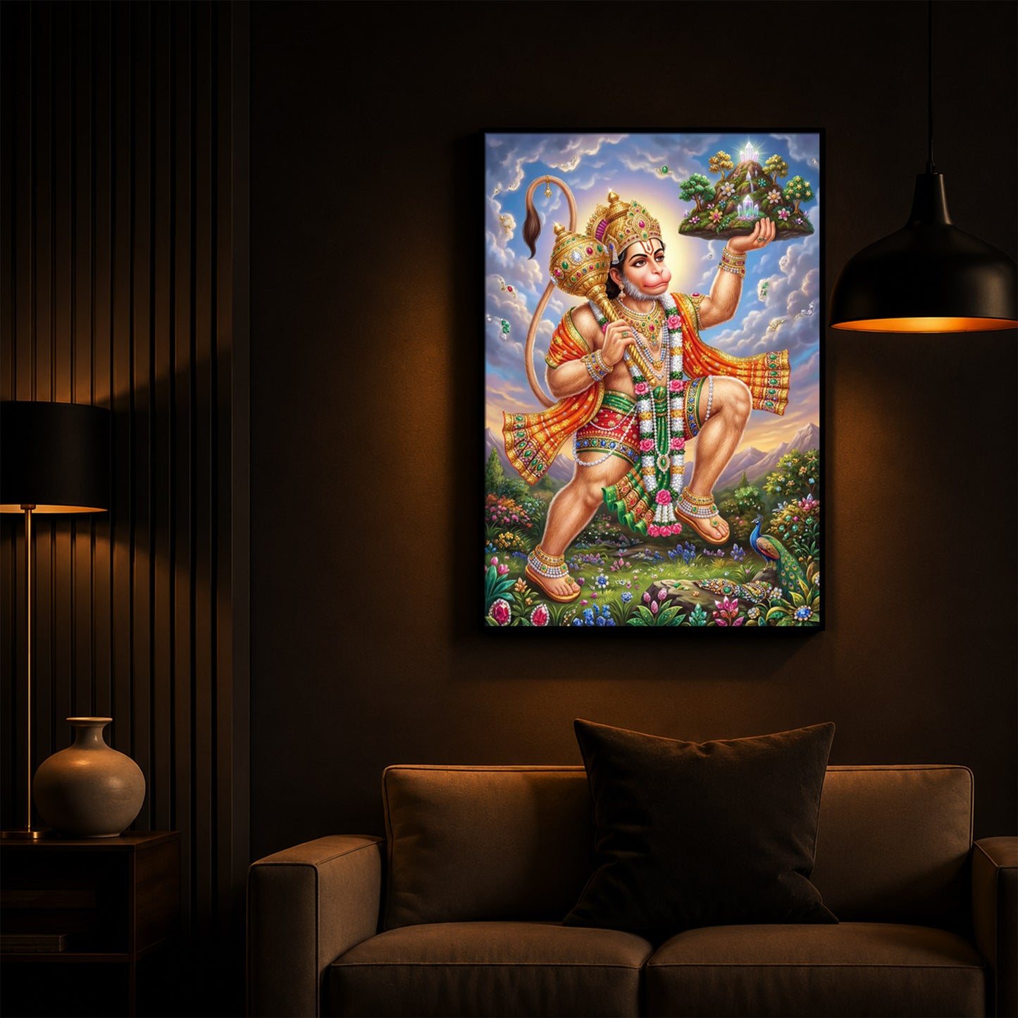 Lord Hanuman Carries The Mountain Modern Luxury Backlight Vertical Wall Art