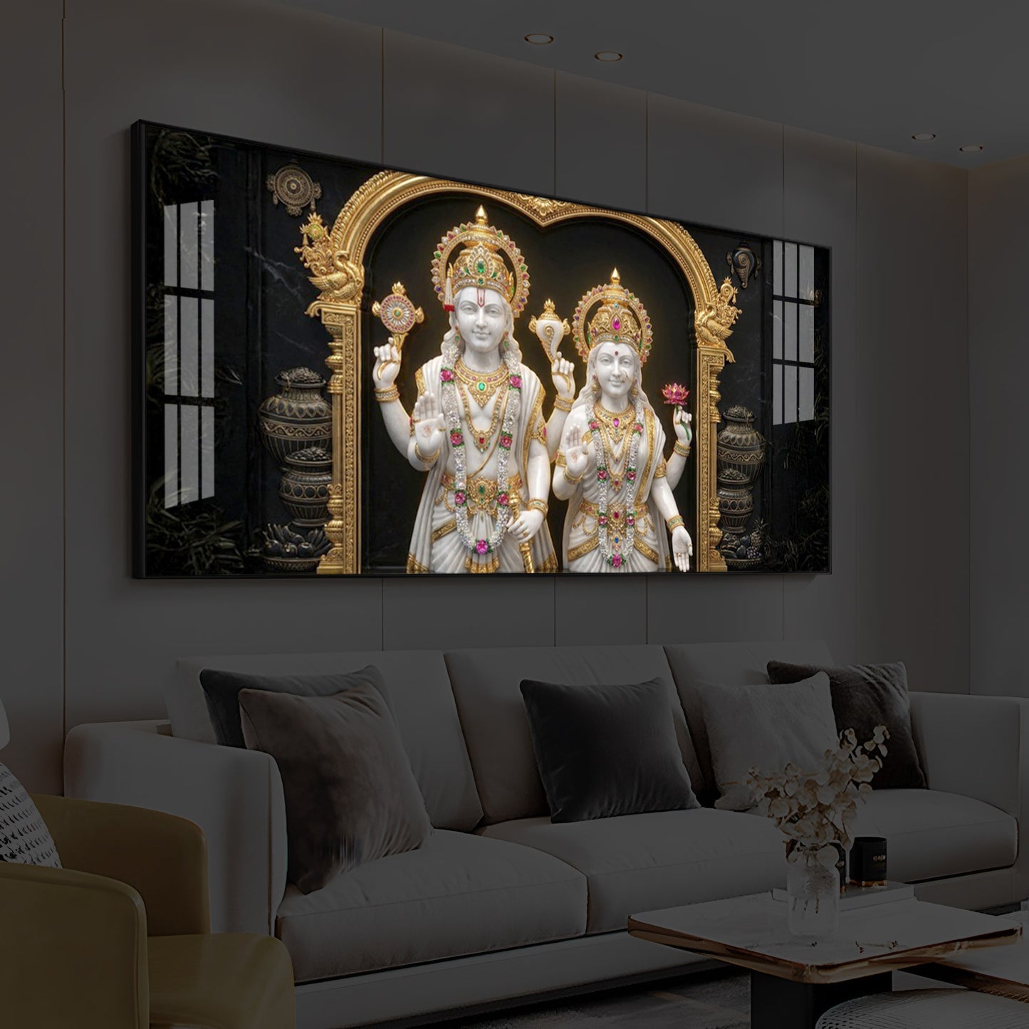 Lord Vishnu & Goddess Lakshmi Modern Luxury Backlight Horizontal Wall Art