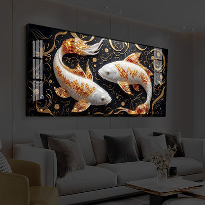 Two Golden Koi Fish Modern Luxury Backlight Horizontal Wall Art